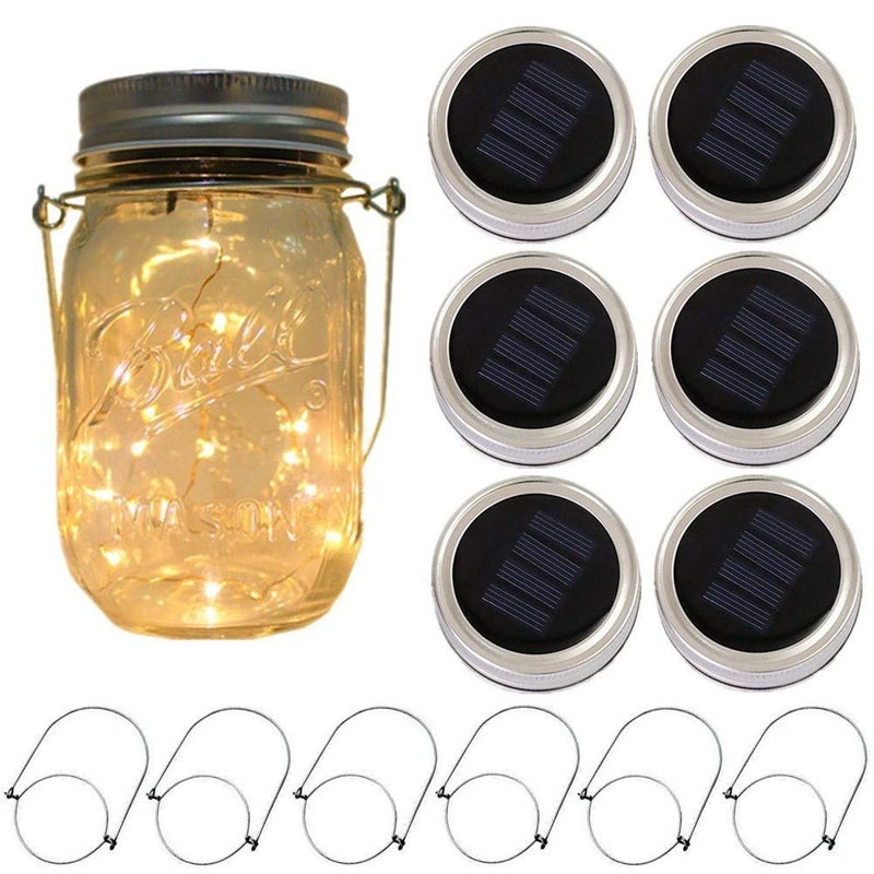 CHBJDAN 6-Pack Solar-powered Mason Jar Lights 20 LEDs (6 Hanger Included / No Jar),Warm White Glass Waterproof Fairy Hanging Lighting,Outdoor String Lids for Regular Mouth Jars for Patio Lamp Decor - Image 1